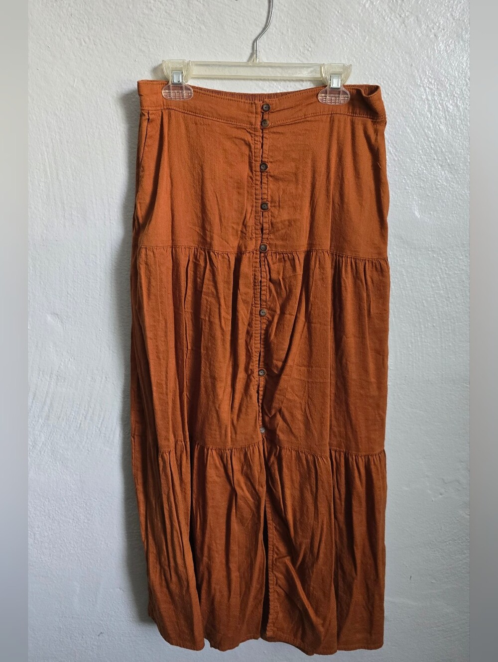 Rust Button-Front Tiered Maxi Skirt - Women